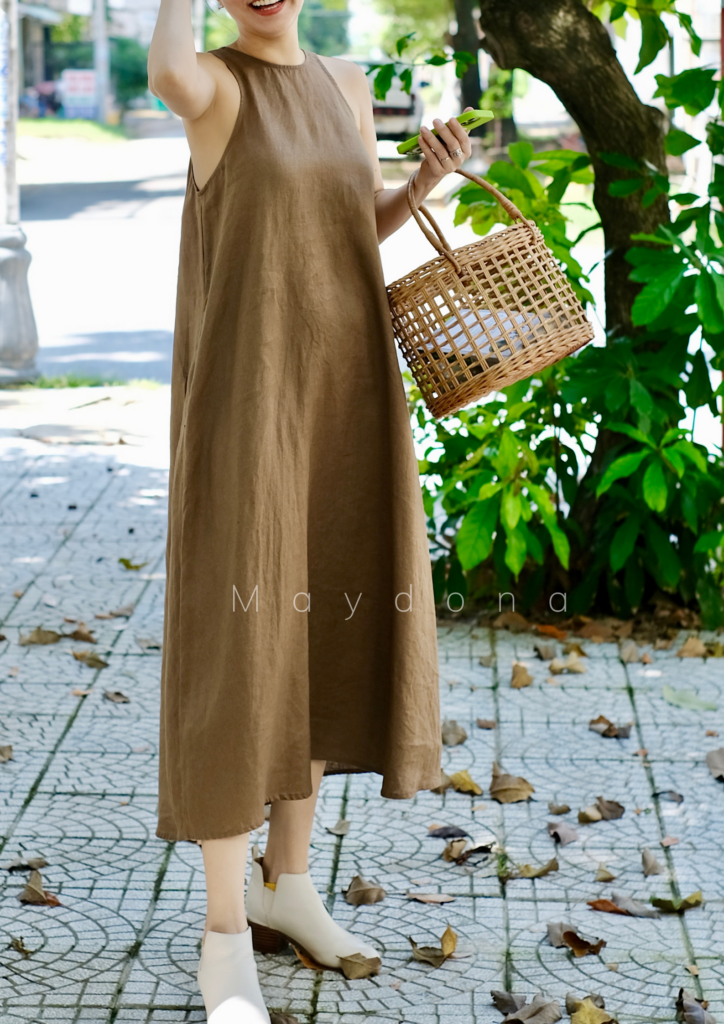 đầm linen nâu